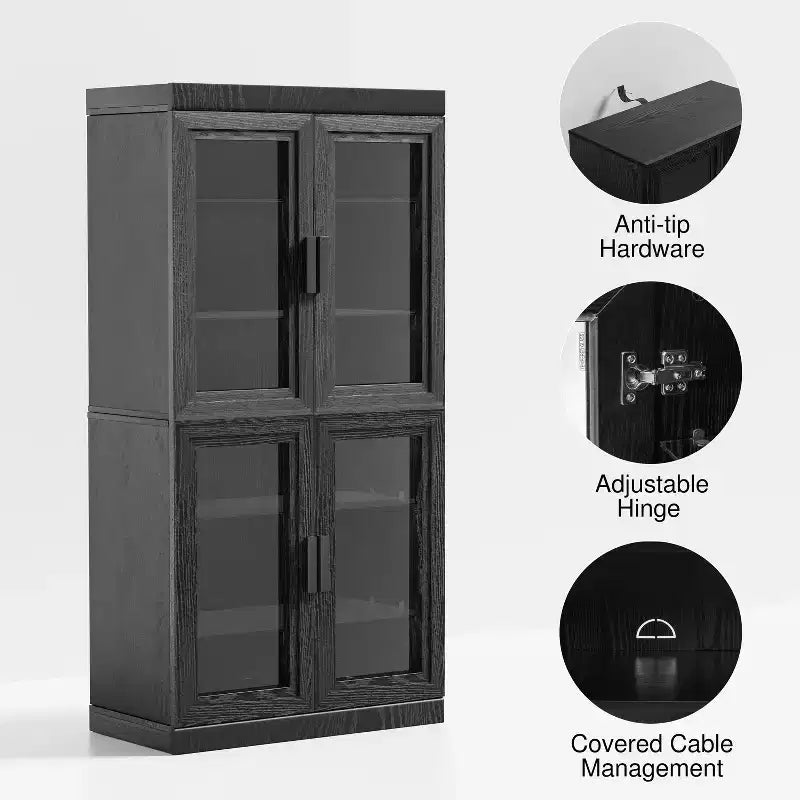 Mobile contenitore nero in legno con ante in vetro, 2 ripiani, per 1