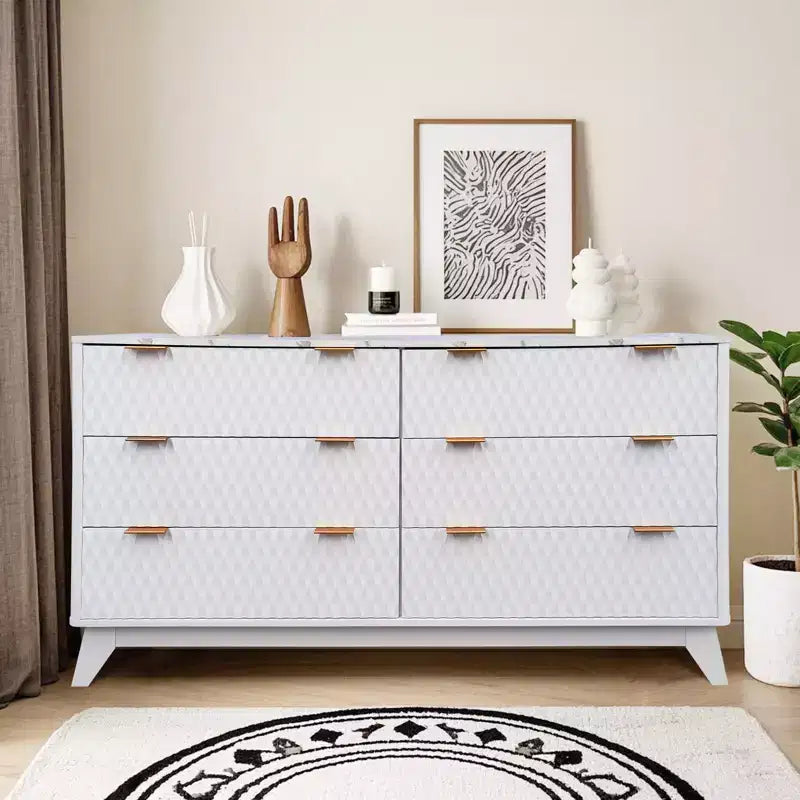 Cassettiera a 6 cassetti scanalati con piano effetto marmo — Rovere / Bianco