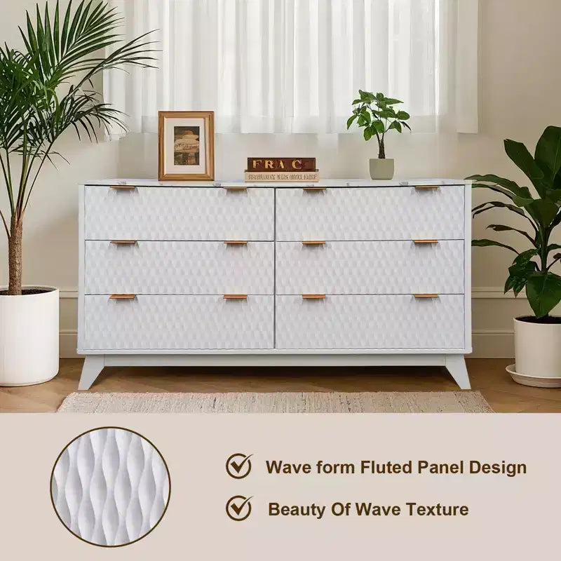 Cassettiera a 6 cassetti scanalati con piano effetto marmo — Rovere / Bianco