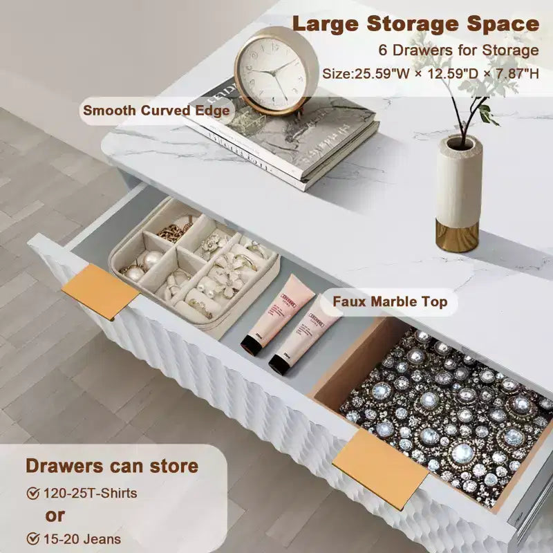Cassettiera a 6 cassetti scanalati con piano effetto marmo — Rovere / Bianco