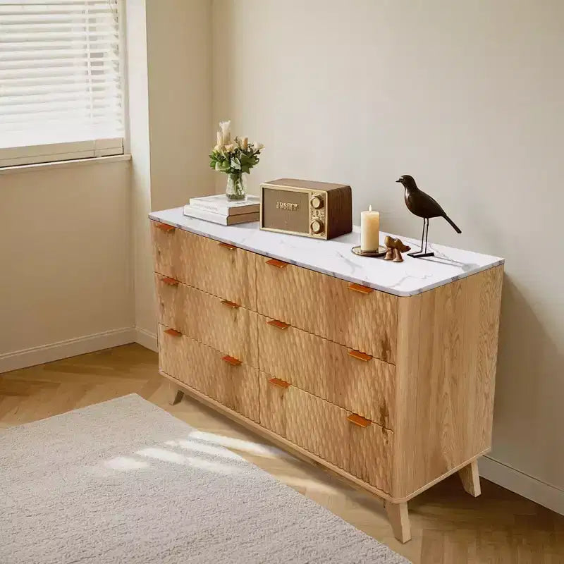 Cassettiera a 6 cassetti scanalati con piano effetto marmo — Rovere / Bianco