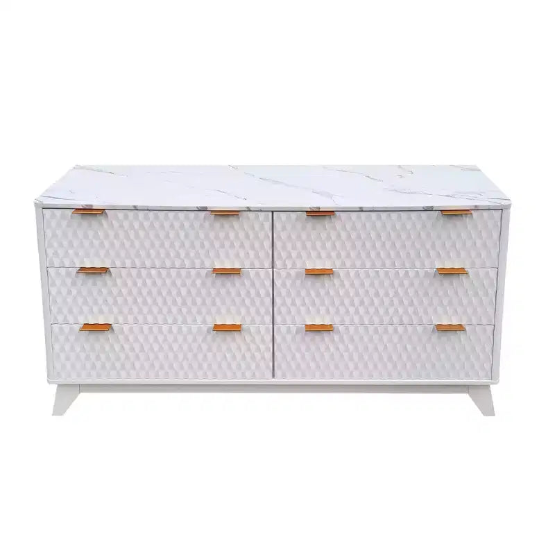 Cassettiera a 6 cassetti scanalati con piano effetto marmo — Rovere / Bianco