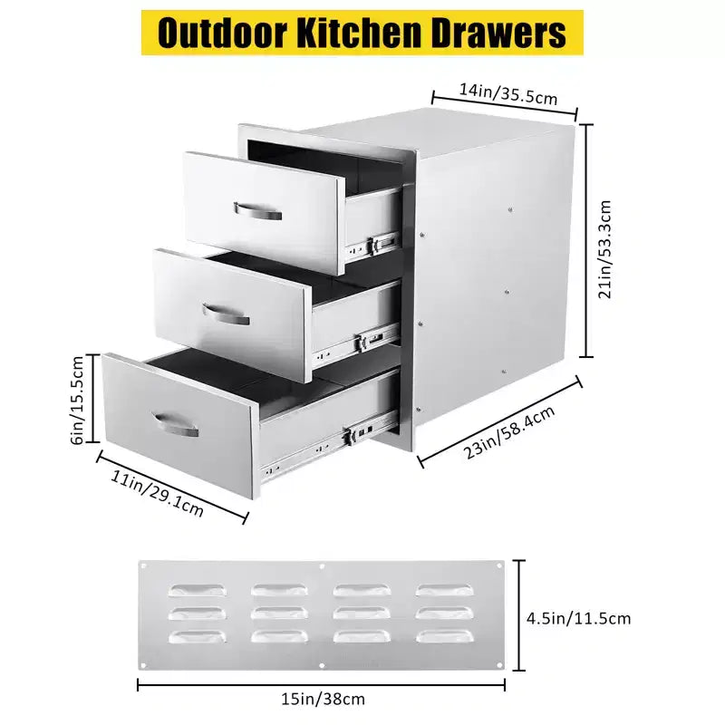 Cassetto da cucina, cassetto a filo in acciaio inossidabile, cassetto di accesso integrato 30x23x10 pollici con pannello di ventilazione per isola cucina, patio, stazione barbecue