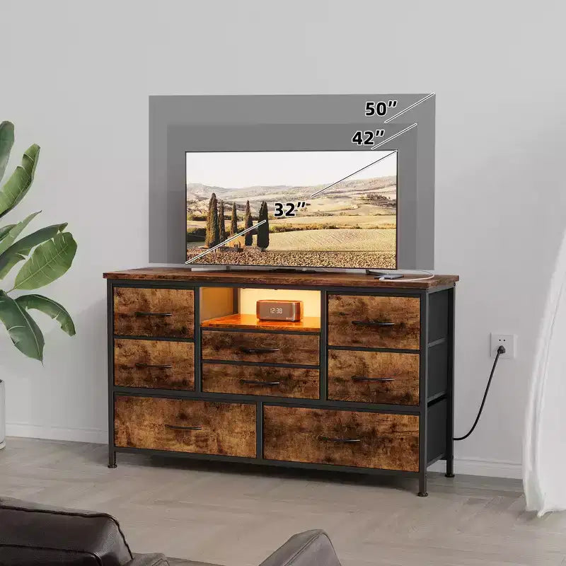 Mobile TV per Televisori da 55", 8 Cassetti con Luci LED e Piano in Legno — Nero / Marrone / Bianco, Montaggio da 1 Persona