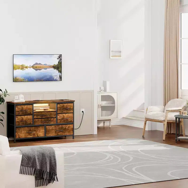 Mobile TV per Televisori da 55", 8 Cassetti con Luci LED e Piano in Legno — Nero / Marrone / Bianco, Montaggio da 1 Persona