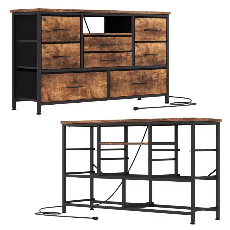 Mobile TV per Televisori da 55", 8 Cassetti con Luci LED e Piano in Legno — Nero / Marrone / Bianco, Montaggio da 1 Persona