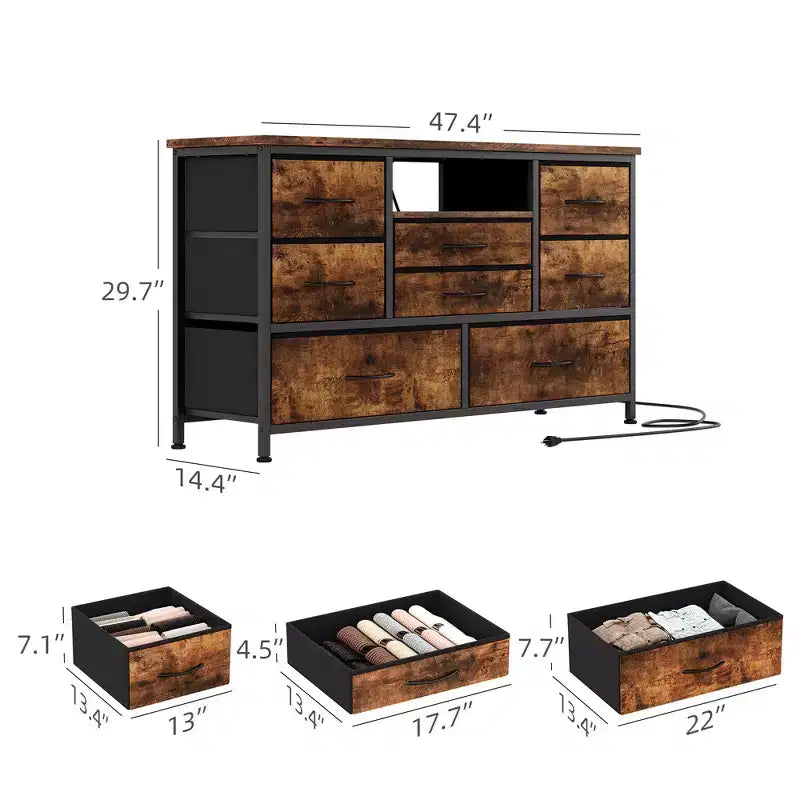 Mobile TV per Televisori da 55", 8 Cassetti con Luci LED e Piano in Legno — Nero / Marrone / Bianco, Montaggio da 1 Persona