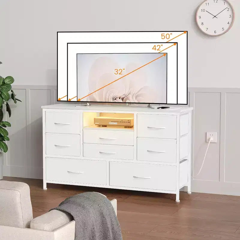 Mobile TV per Televisori da 55", 8 Cassetti con Luci LED e Piano in Legno — Nero / Marrone / Bianco, Montaggio da 1 Persona