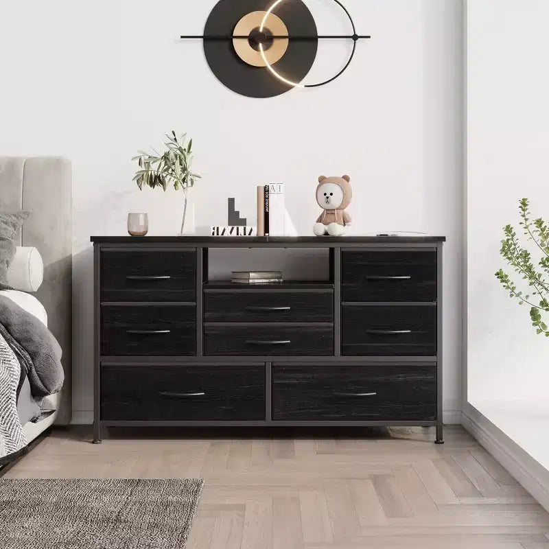 Mobile TV per Televisori da 55", 8 Cassetti con Luci LED e Piano in Legno — Nero / Marrone / Bianco, Montaggio da 1 Persona