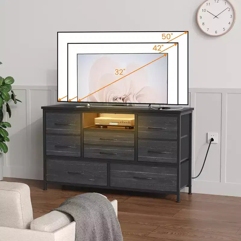 Mobile TV per Televisori da 55", 8 Cassetti con Luci LED e Piano in Legno — Nero / Marrone / Bianco, Montaggio da 1 Persona