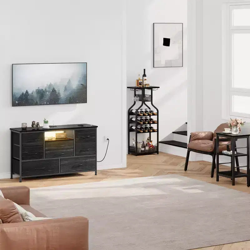 Mobile TV per Televisori da 55", 8 Cassetti con Luci LED e Piano in Legno — Nero / Marrone / Bianco, Montaggio da 1 Persona