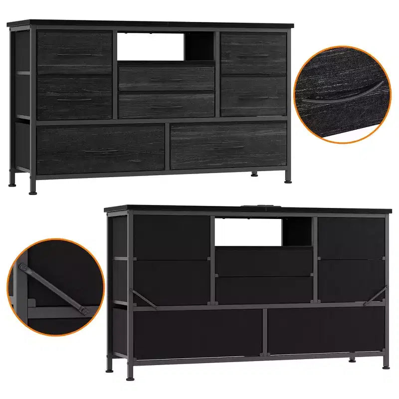 Mobile TV per Televisori da 55", 8 Cassetti con Luci LED e Piano in Legno — Nero / Marrone / Bianco, Montaggio da 1 Persona