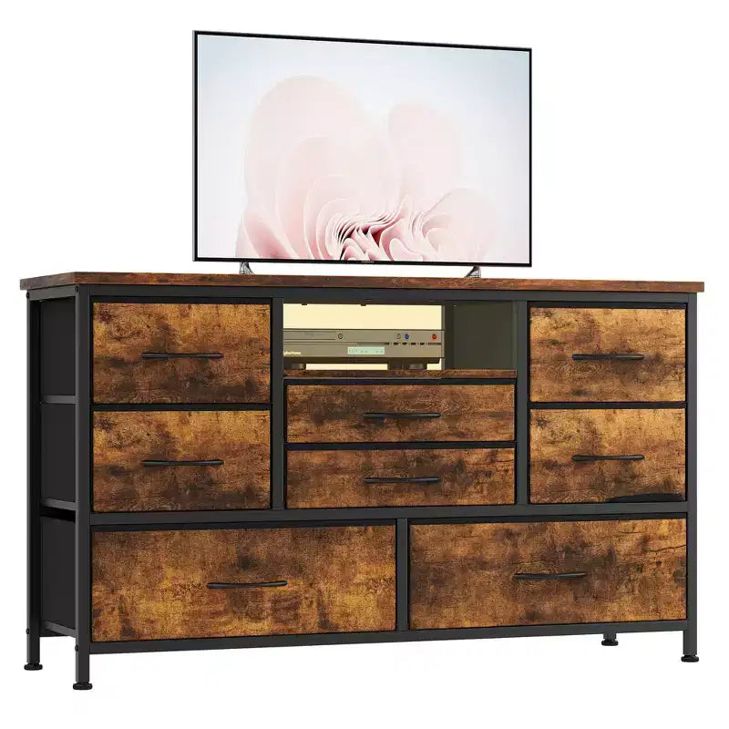 Mobile TV per Televisori da 55", 8 Cassetti con Luci LED e Piano in Legno — Nero / Marrone / Bianco, Montaggio da 1 Persona