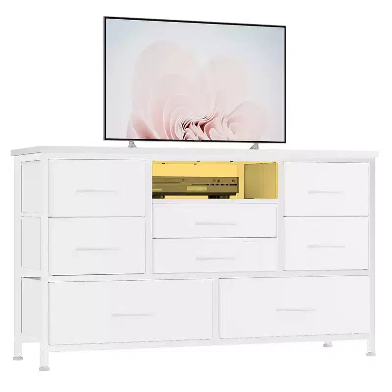 Mobile TV per Televisori da 55", 8 Cassetti con Luci LED e Piano in Legno — Nero / Marrone / Bianco, Montaggio da 1 Persona