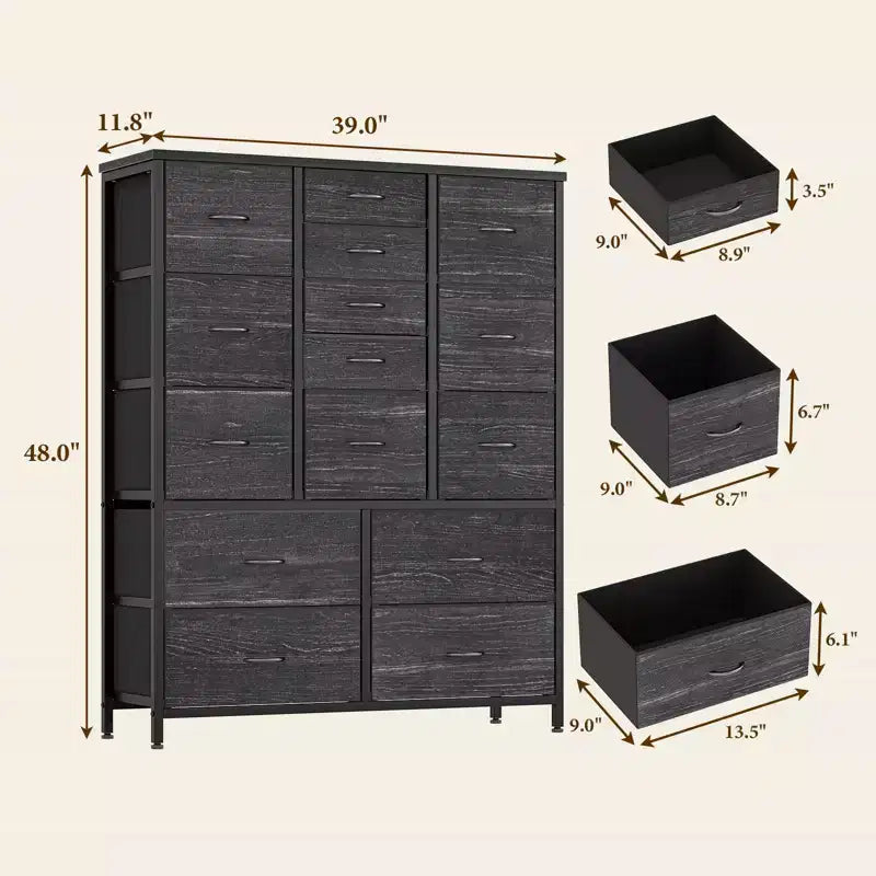 Cassettiera alta in tessuto a 15 cassetti — Struttura in acciaio e piano in legno | Marrone / Deco / Grigio / Rosa / Bianco