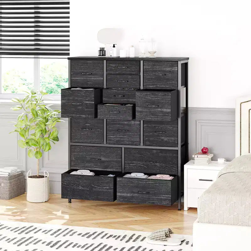 Cassettiera alta in tessuto a 15 cassetti — Struttura in acciaio e piano in legno | Marrone / Deco / Grigio / Rosa / Bianco