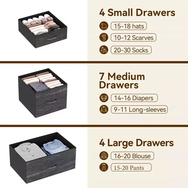 Cassettiera alta in tessuto a 15 cassetti — Struttura in acciaio e piano in legno | Marrone / Deco / Grigio / Rosa / Bianco
