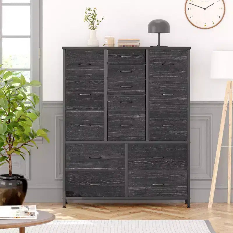 Cassettiera alta in tessuto a 15 cassetti — Struttura in acciaio e piano in legno | Marrone / Deco / Grigio / Rosa / Bianco