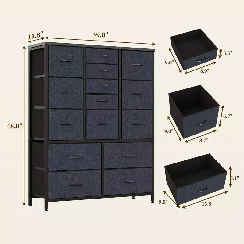 Cassettiera alta in tessuto a 15 cassetti — Struttura in acciaio e piano in legno | Marrone / Deco / Grigio / Rosa / Bianco