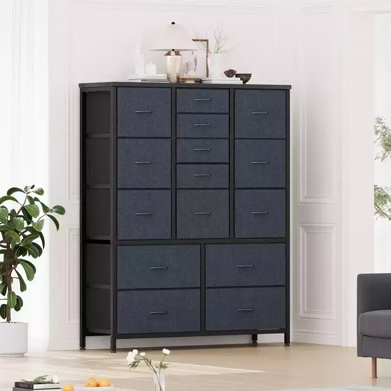 Cassettiera alta in tessuto a 15 cassetti — Struttura in acciaio e piano in legno | Marrone / Deco / Grigio / Rosa / Bianco