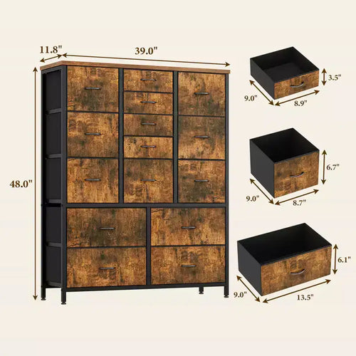 Cassettiera alta in tessuto a 15 cassetti — Struttura in acciaio e piano in legno | Marrone / Deco / Grigio / Rosa / Bianco