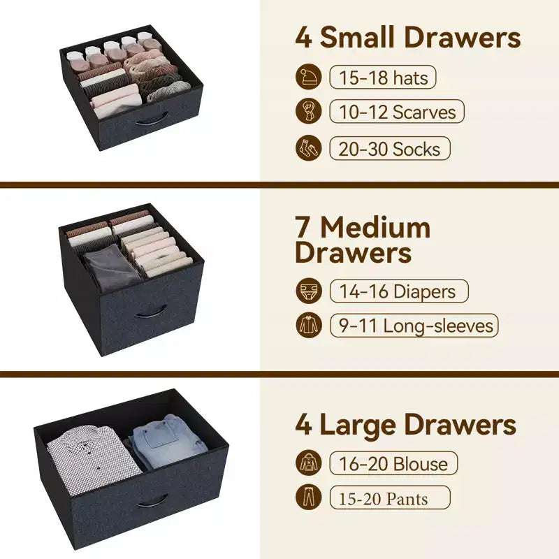 Cassettiera alta in tessuto a 15 cassetti — Struttura in acciaio e piano in legno | Marrone / Deco / Grigio / Rosa / Bianco
