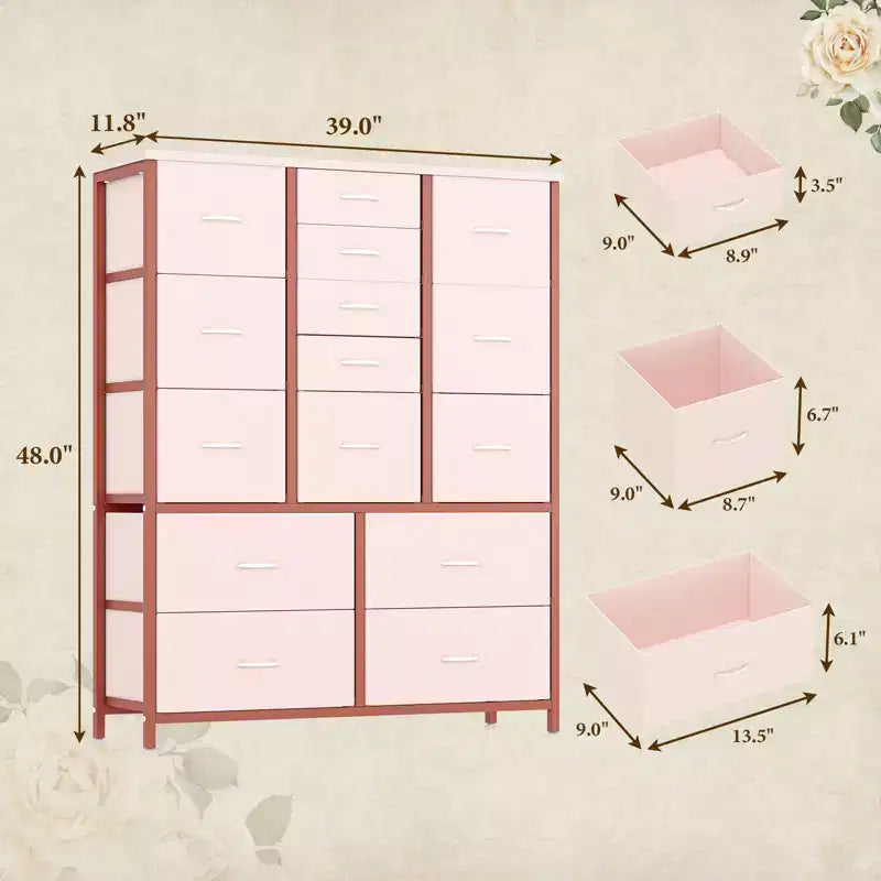 Cassettiera alta in tessuto a 15 cassetti — Struttura in acciaio e piano in legno | Marrone / Deco / Grigio / Rosa / Bianco