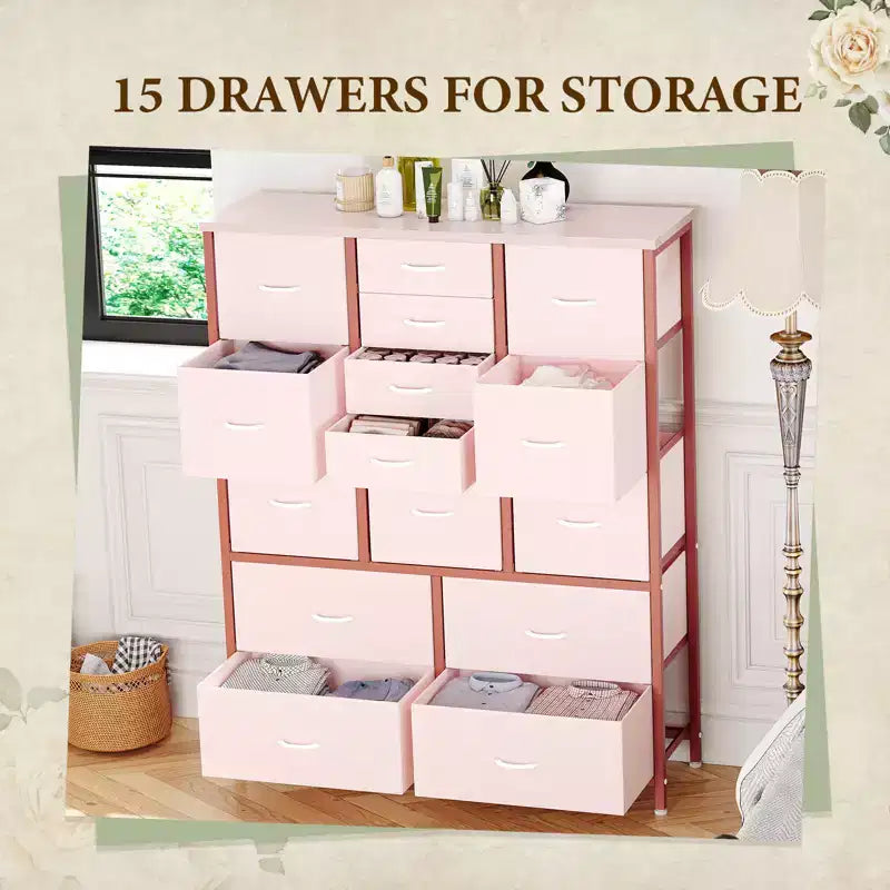 Cassettiera alta in tessuto a 15 cassetti — Struttura in acciaio e piano in legno | Marrone / Deco / Grigio / Rosa / Bianco