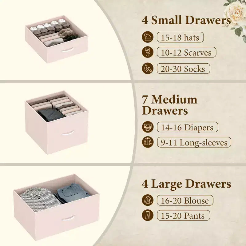 Cassettiera alta in tessuto a 15 cassetti — Struttura in acciaio e piano in legno | Marrone / Deco / Grigio / Rosa / Bianco