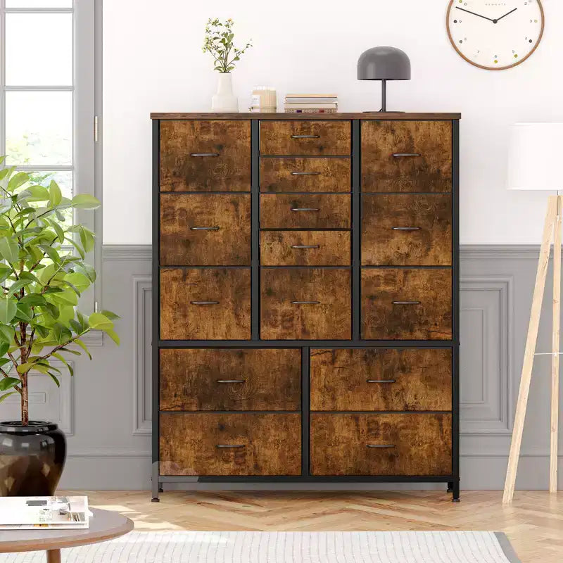 Cassettiera alta in tessuto a 15 cassetti — Struttura in acciaio e piano in legno | Marrone / Deco / Grigio / Rosa / Bianco