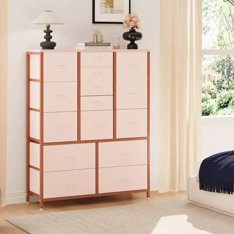 Cassettiera alta in tessuto a 15 cassetti — Struttura in acciaio e piano in legno | Marrone / Deco / Grigio / Rosa / Bianco