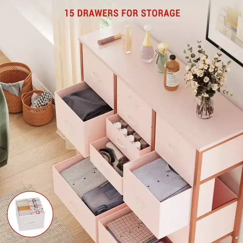 Cassettiera alta in tessuto a 15 cassetti — Struttura in acciaio e piano in legno | Marrone / Deco / Grigio / Rosa / Bianco