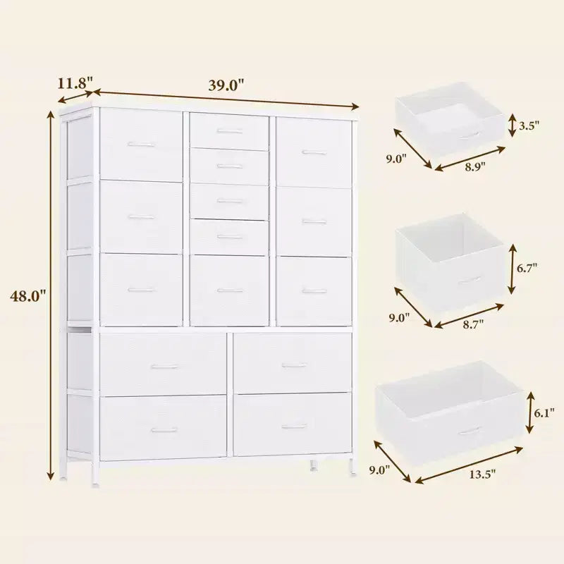Cassettiera alta in tessuto a 15 cassetti — Struttura in acciaio e piano in legno | Marrone / Deco / Grigio / Rosa / Bianco
