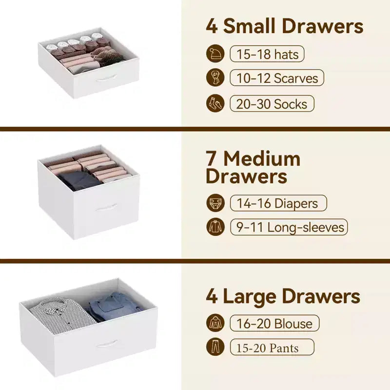 Cassettiera alta in tessuto a 15 cassetti — Struttura in acciaio e piano in legno | Marrone / Deco / Grigio / Rosa / Bianco