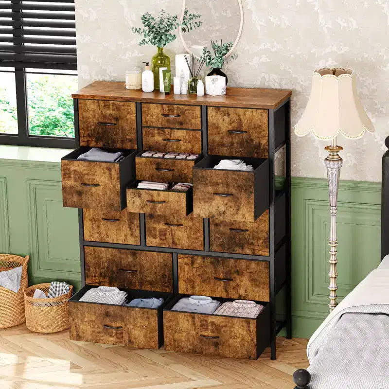 Cassettiera alta in tessuto a 15 cassetti — Struttura in acciaio e piano in legno | Marrone / Deco / Grigio / Rosa / Bianco