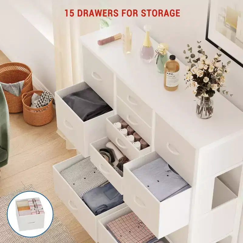 Cassettiera alta in tessuto a 15 cassetti — Struttura in acciaio e piano in legno | Marrone / Deco / Grigio / Rosa / Bianco