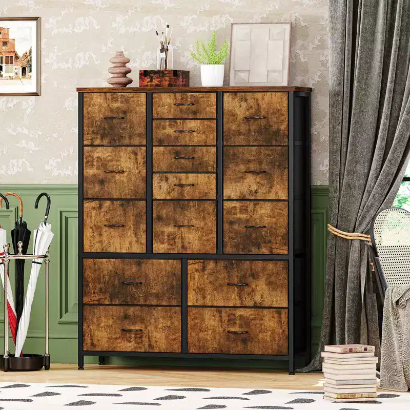 Cassettiera alta in tessuto a 15 cassetti — Struttura in acciaio e piano in legno | Marrone / Deco / Grigio / Rosa / Bianco