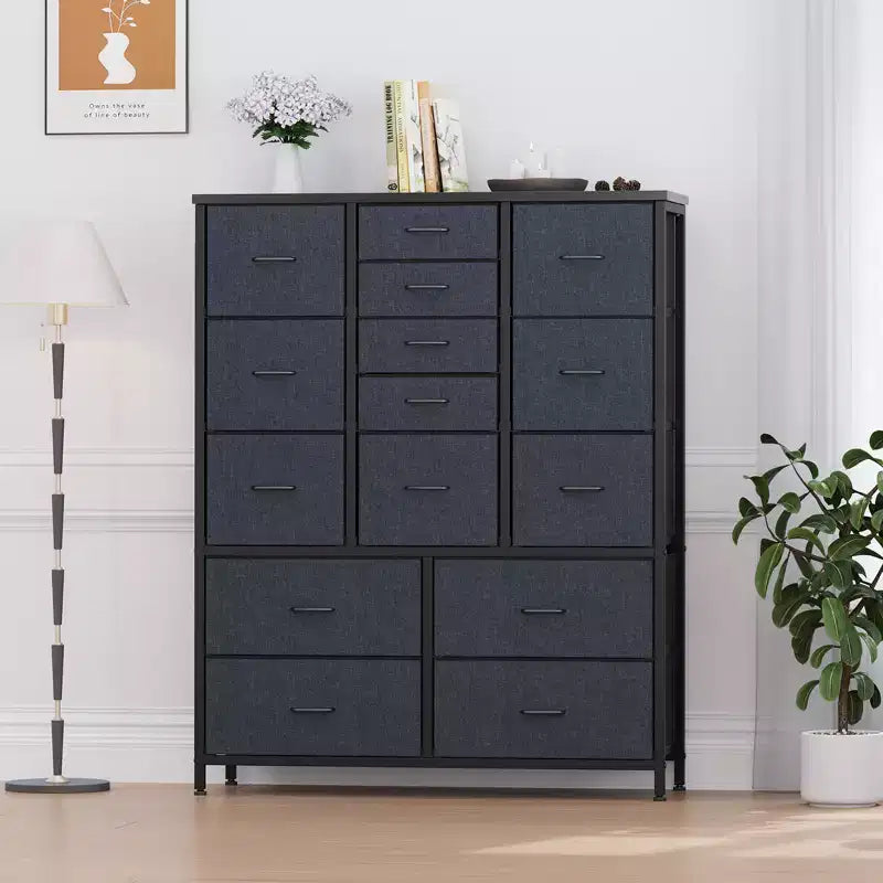 Cassettiera alta in tessuto a 15 cassetti — Struttura in acciaio e piano in legno | Marrone / Deco / Grigio / Rosa / Bianco