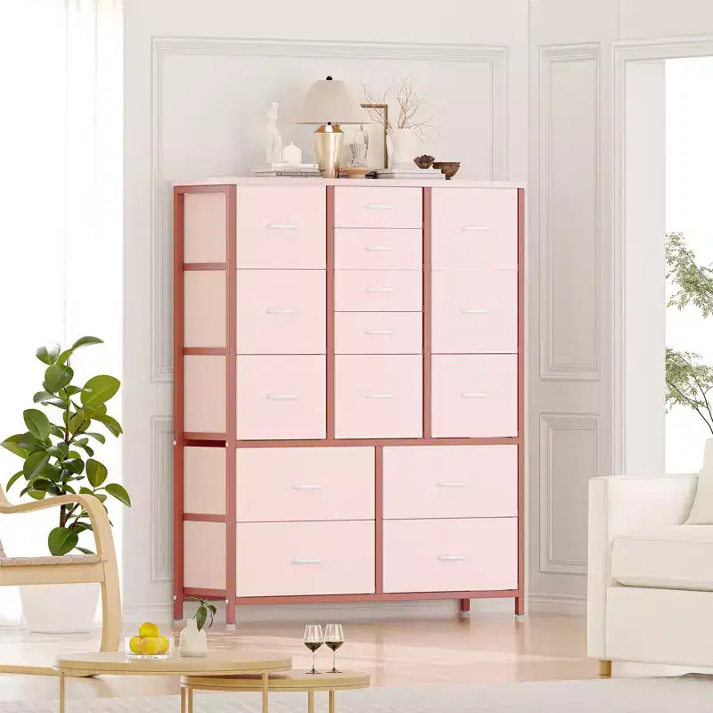 Cassettiera alta in tessuto a 15 cassetti — Struttura in acciaio e piano in legno | Marrone / Deco / Grigio / Rosa / Bianco