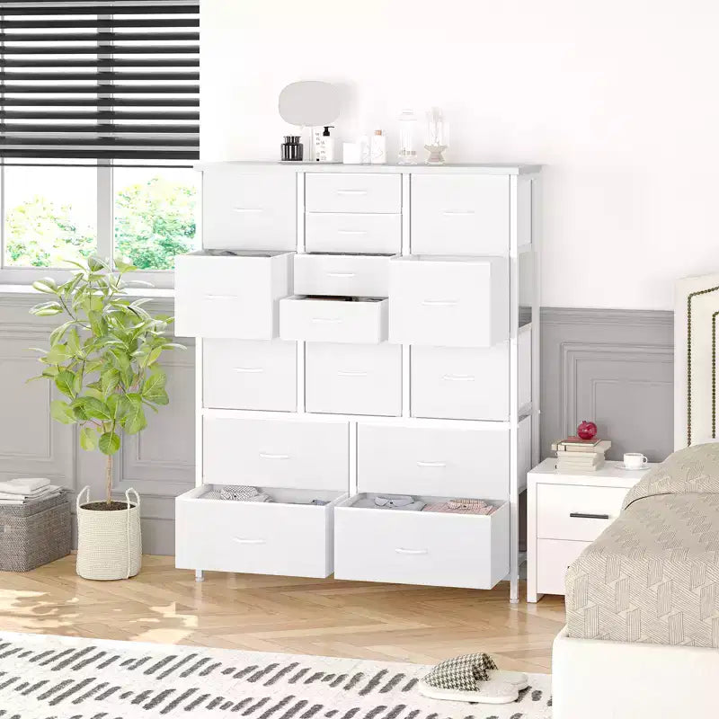 Cassettiera alta in tessuto a 15 cassetti — Struttura in acciaio e piano in legno | Marrone / Deco / Grigio / Rosa / Bianco
