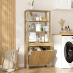 Famapy Natural Wood Bathroom Laundry Tower with Dawer and Open Shelves,Tilt-Out Hampers,Bathroom & Laundry Room Storage Cabinet