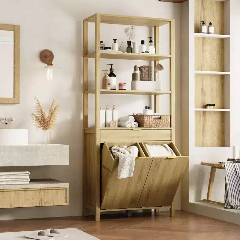Mobile lavanderia in legno naturale con 2 cesti estraibili, 3 ripiani e cassetto