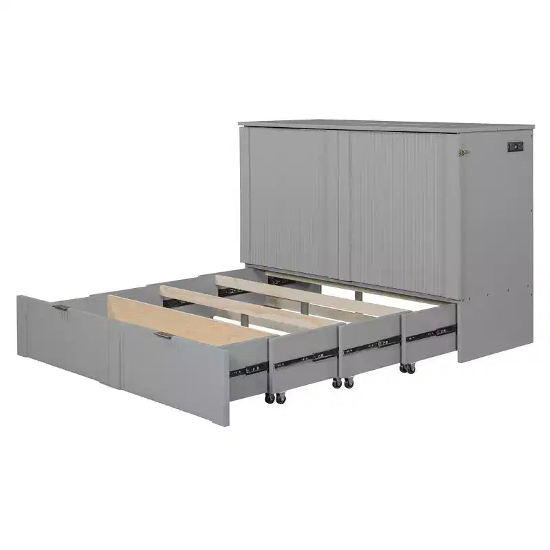 Letto a scomparsa matrimoniale/queen-size grigio/bianco con cassetto portaoggetti e USB, per 1-2 persone