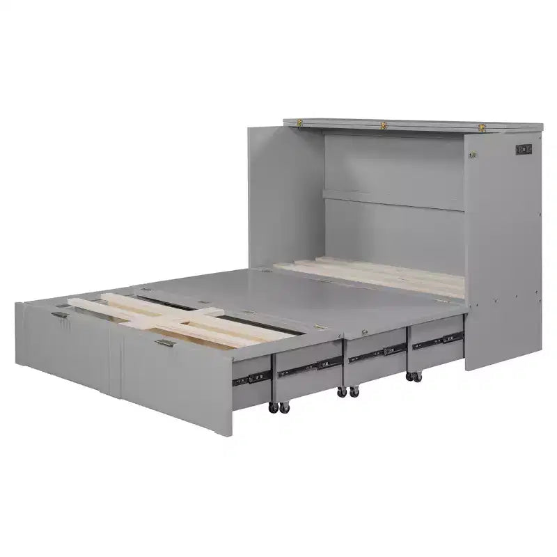Letto a scomparsa matrimoniale/queen-size grigio/bianco con cassetto portaoggetti e USB, per 1-2 persone