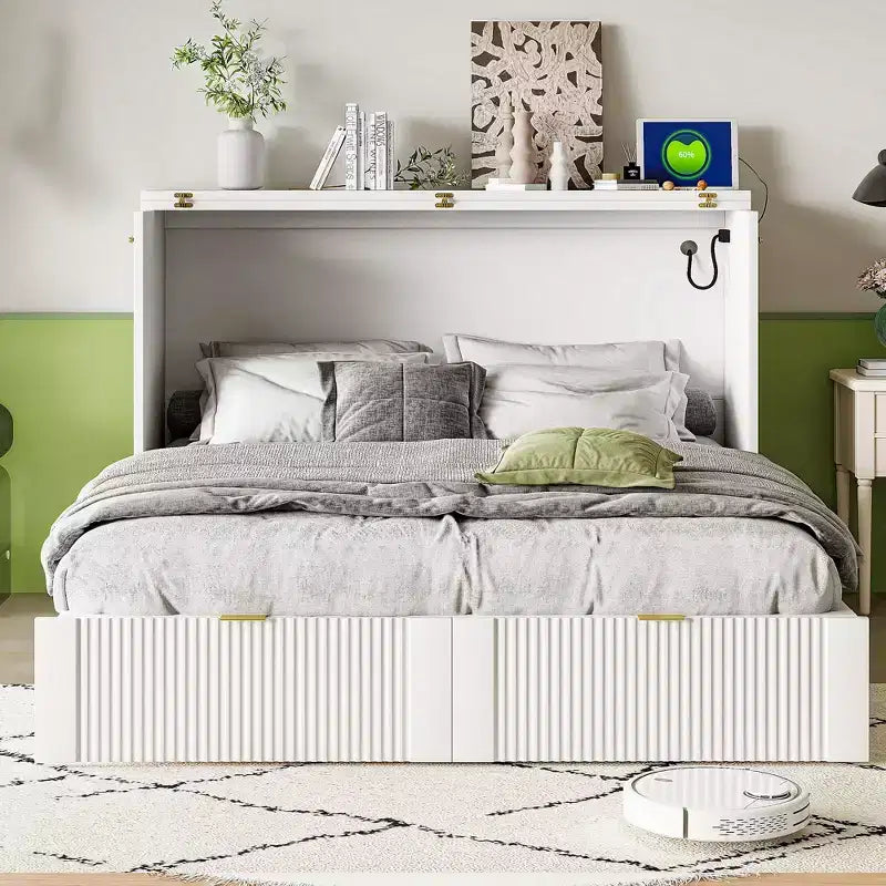 Letto a scomparsa matrimoniale/queen-size grigio/bianco con cassetto portaoggetti e USB, per 1-2 persone