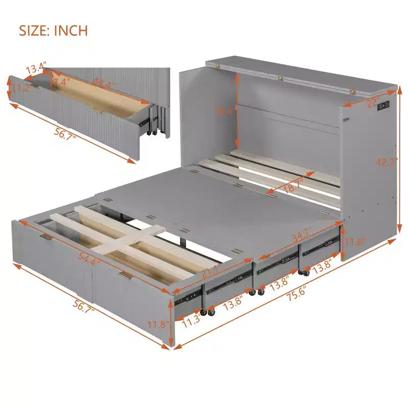 Letto a scomparsa matrimoniale/queen-size grigio/bianco con cassetto portaoggetti e USB, per 1-2 persone
