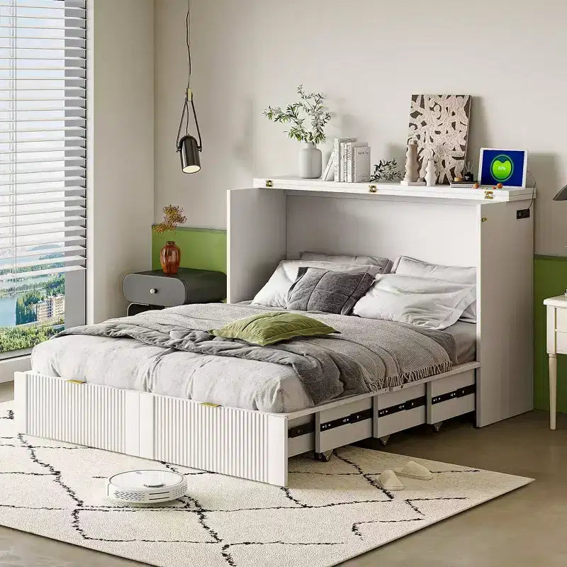 Letto a scomparsa matrimoniale/queen-size grigio/bianco con cassetto portaoggetti e USB, per 1-2 persone