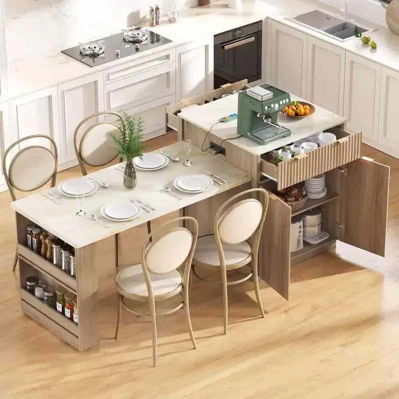 Isola da cucina scanalata con tavolo allungabile – Nero / Naturale / Bianco
