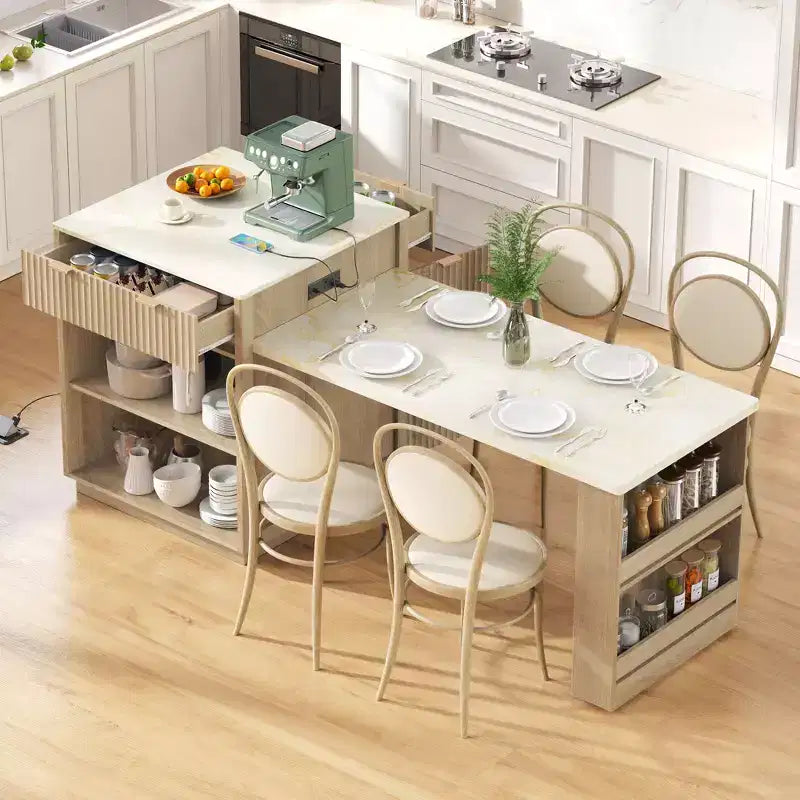 Isola da cucina scanalata con tavolo allungabile – Nero / Naturale / Bianco