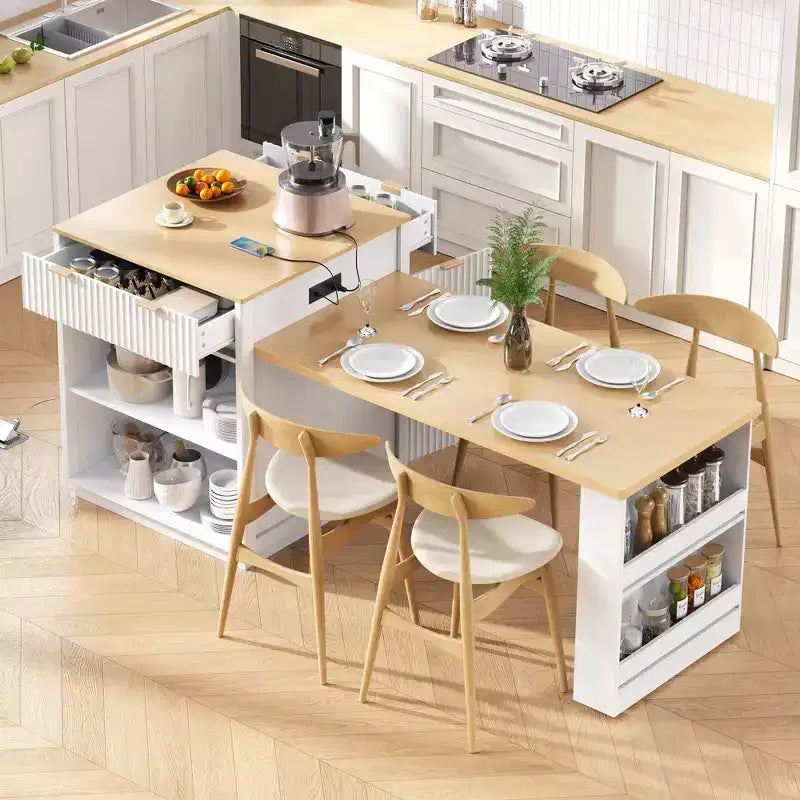 Isola da cucina scanalata con tavolo allungabile – Nero / Naturale / Bianco